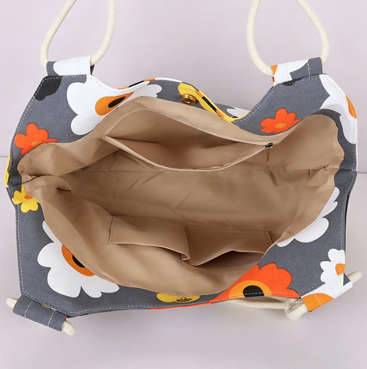 Printed Canvas Beach Tote With Rope Handles - Flower - 5