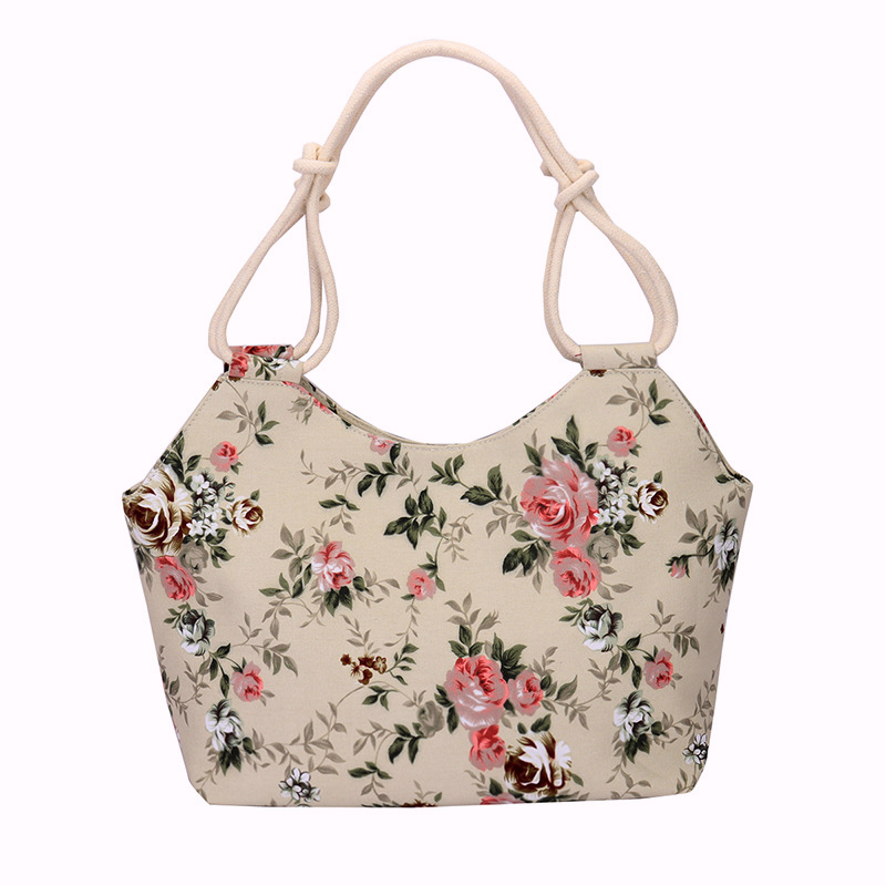 Printed Canvas Beach Tote With Rope Handles - Khaki