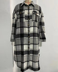 Long Plaid Button Down Shacket Coat - Grey
