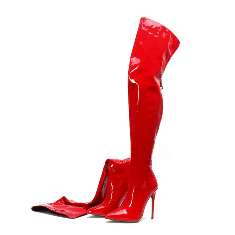 Pointed Toe Stiletto Thigh High Boots - Red