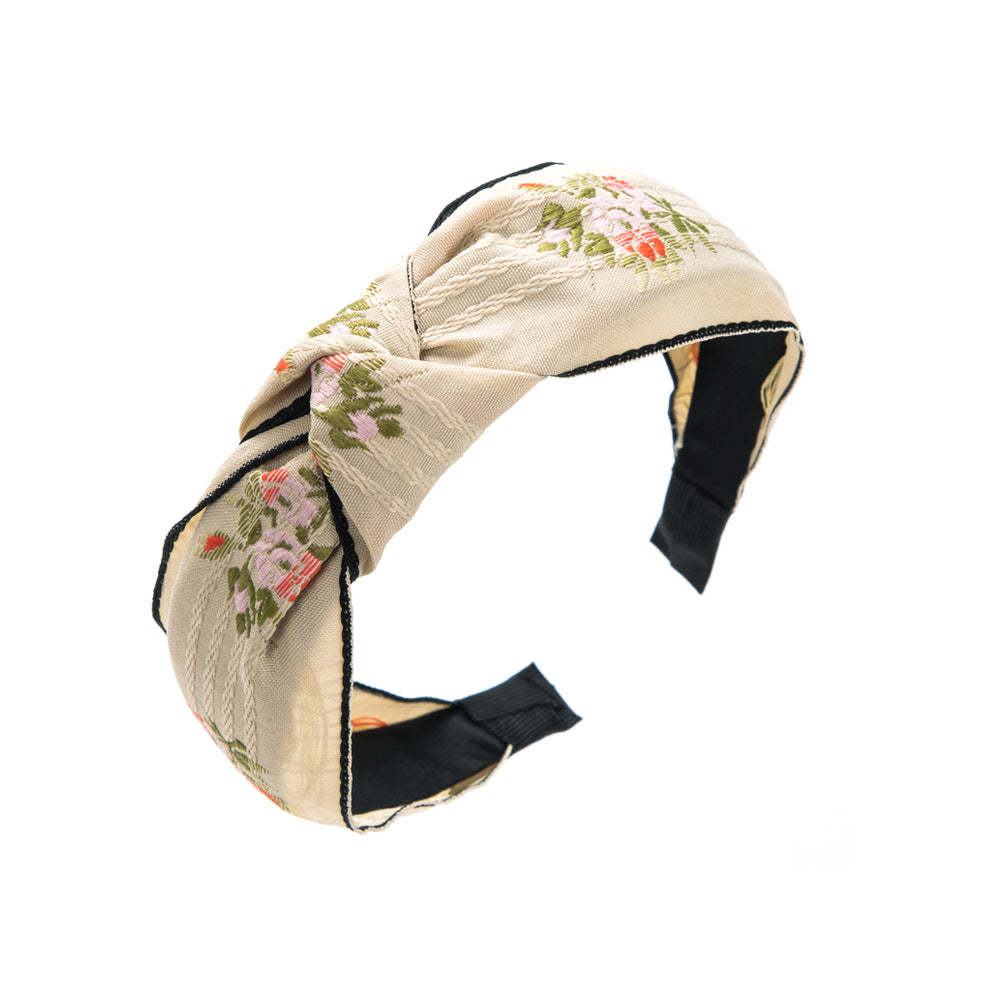 Embroidered Floral Knot Headband With Piped Trim - White