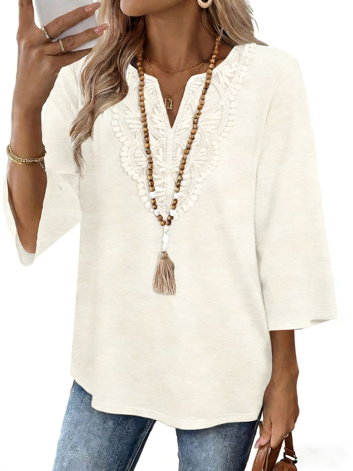 Crochet Trimmed Notch Neck Boho Tunic Blouse - Apricot