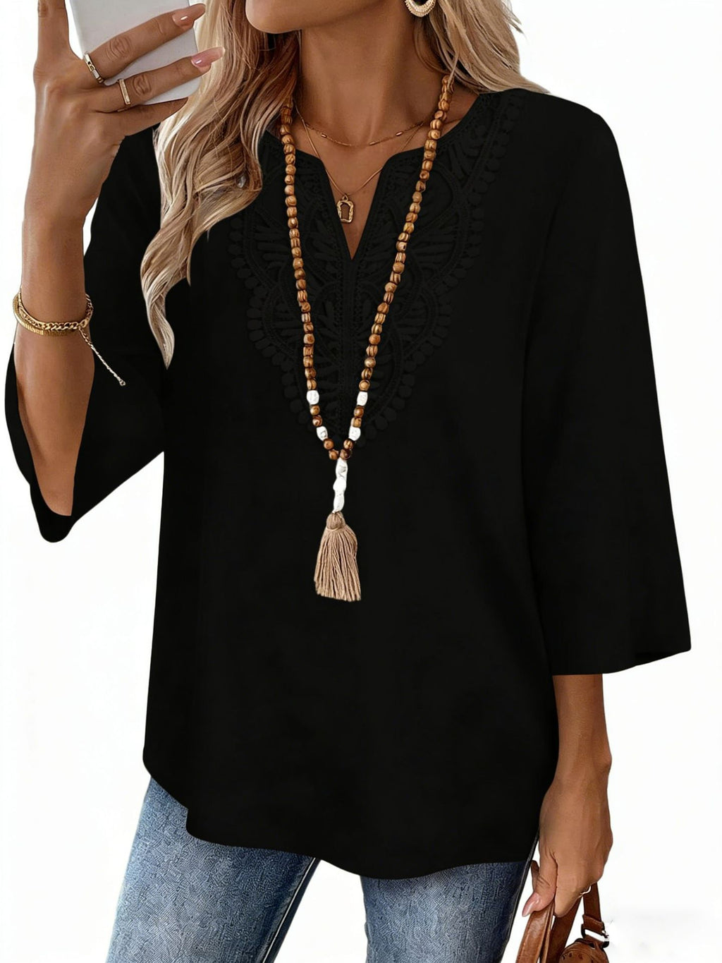 Crochet Trimmed Notch Neck Boho Tunic Blouse - Black