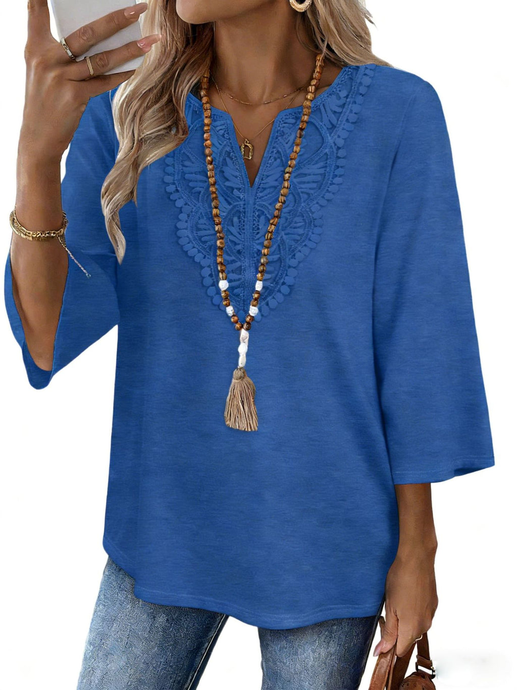 Crochet Trimmed Notch Neck Boho Tunic Blouse - Blue