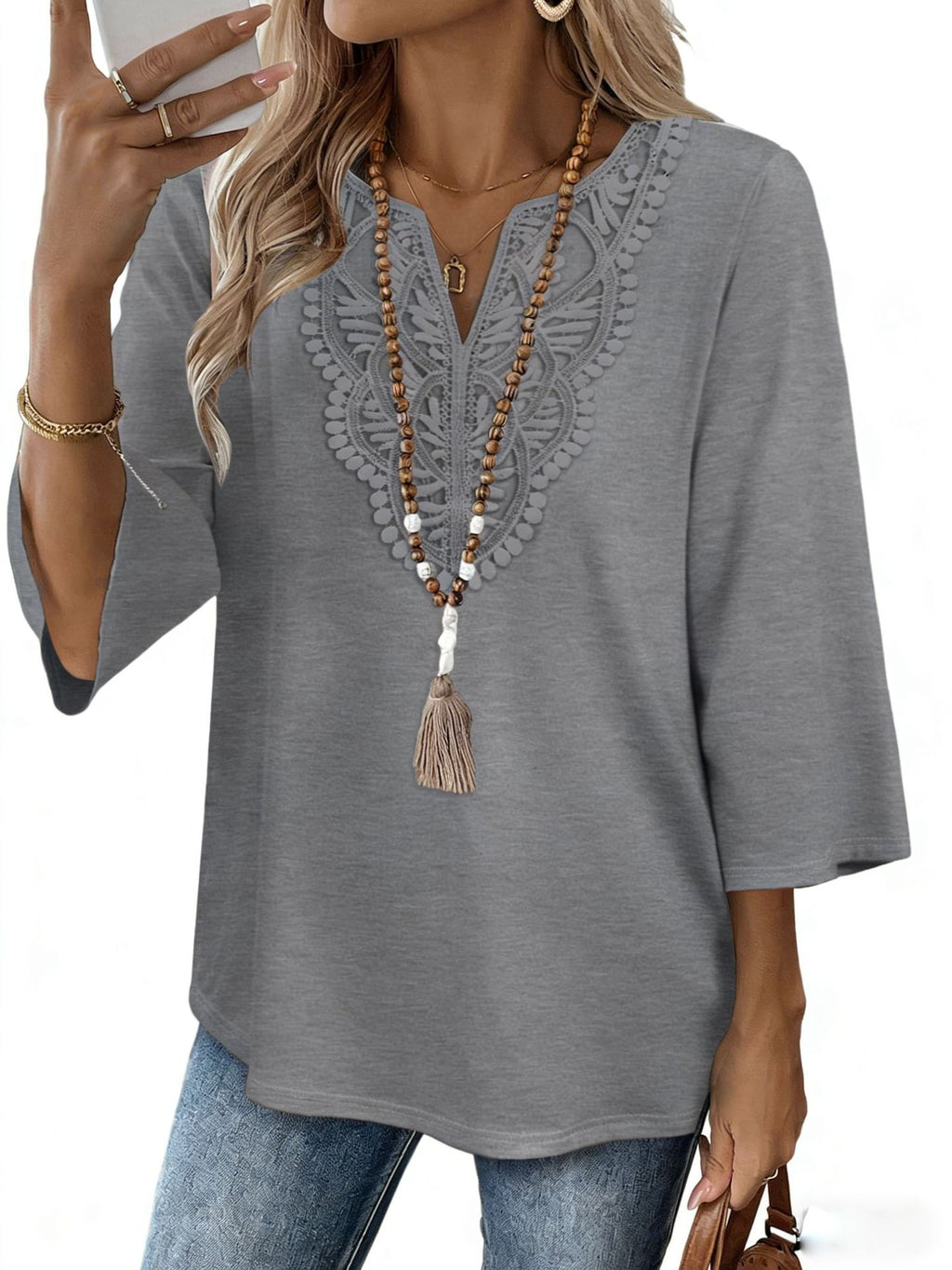 Crochet Trimmed Notch Neck Boho Tunic Blouse - Grey
