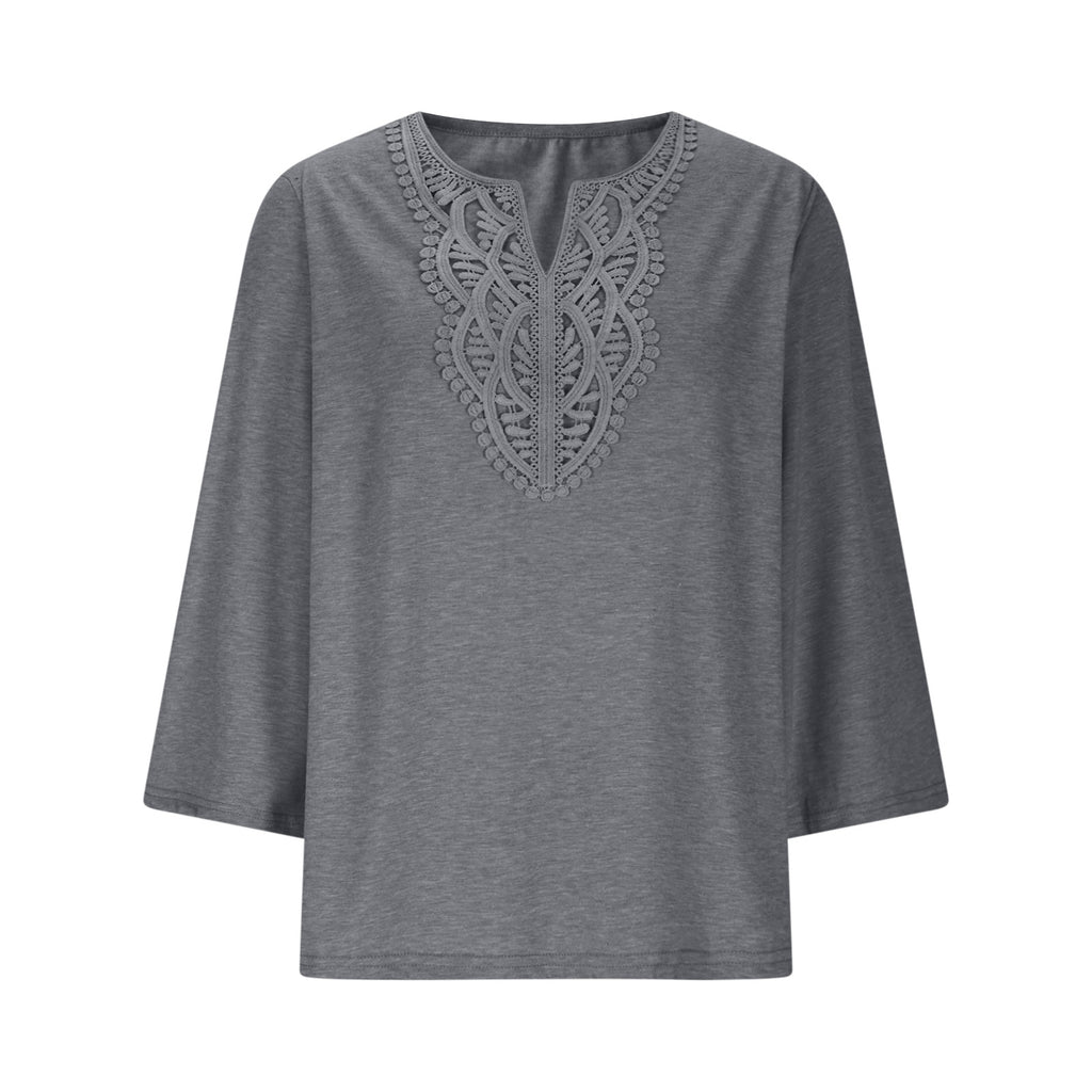 Crochet Trimmed Notch Neck Boho Tunic Blouse - Grey - 1