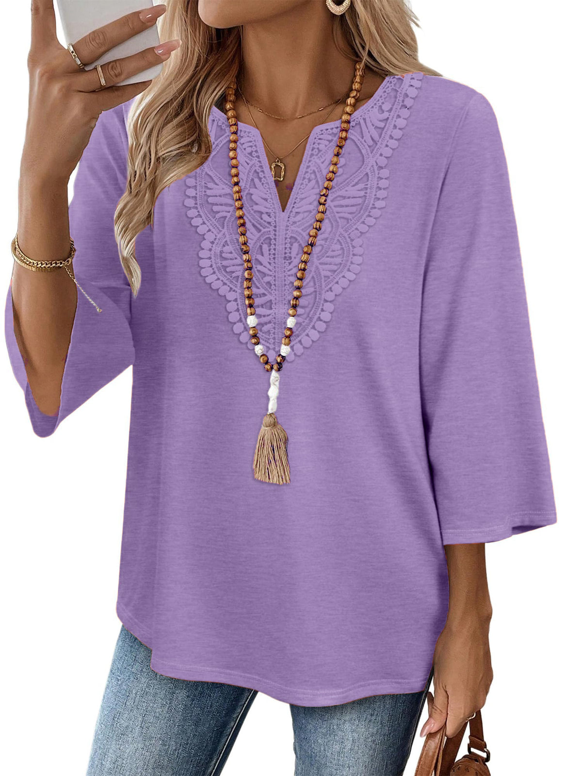 Crochet Trimmed Notch Neck Boho Tunic Blouse - Purple