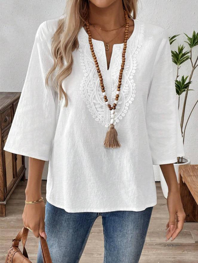 Crochet Trimmed Notch Neck Boho Tunic Blouse - White - 1