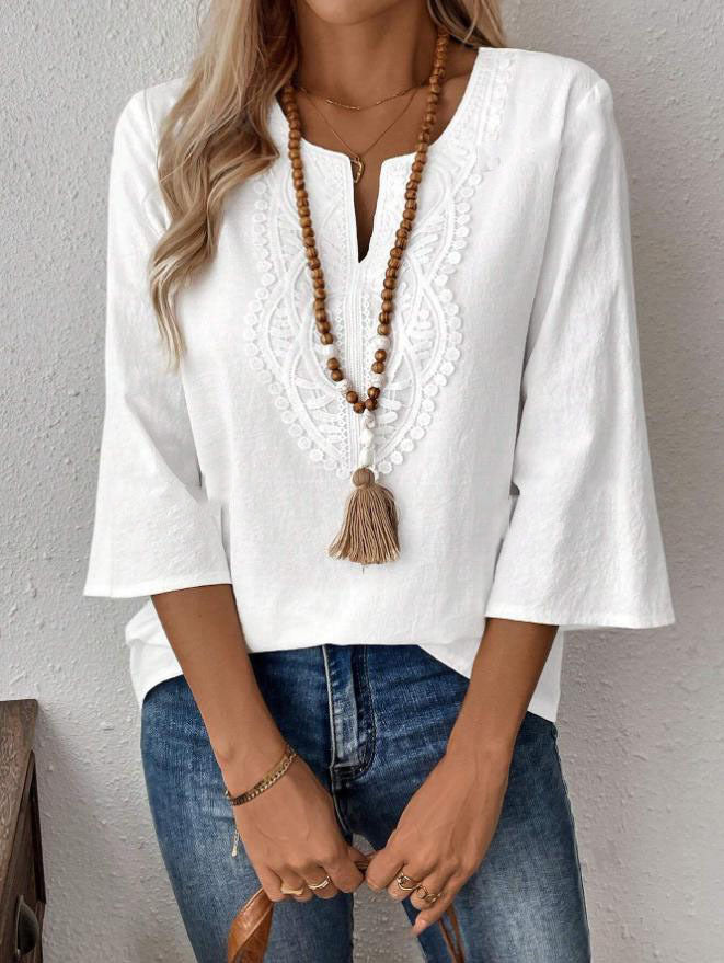 Crochet Trimmed Notch Neck Boho Tunic Blouse - White - 2