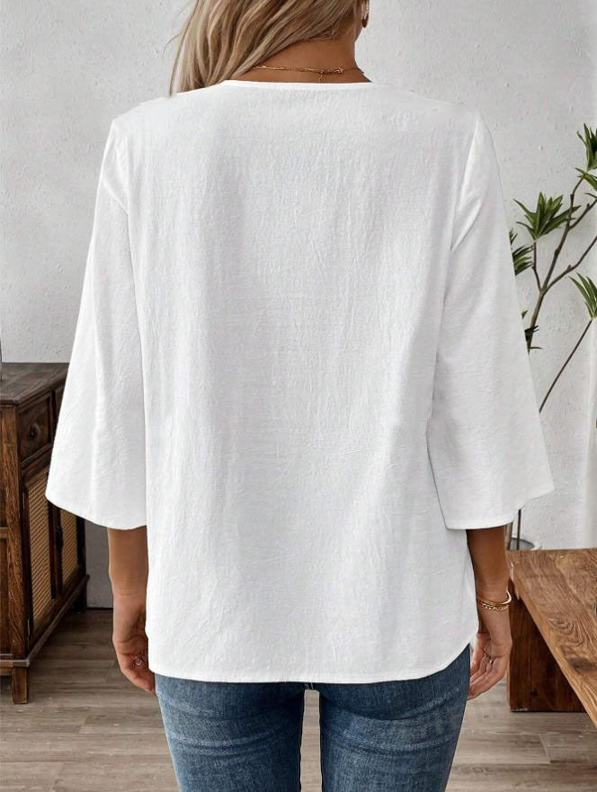 Crochet Trimmed Notch Neck Boho Tunic Blouse - White - 3