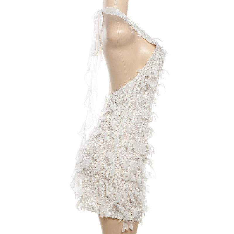 Fringed Halter Neck Backless Mini Dress - White - 3