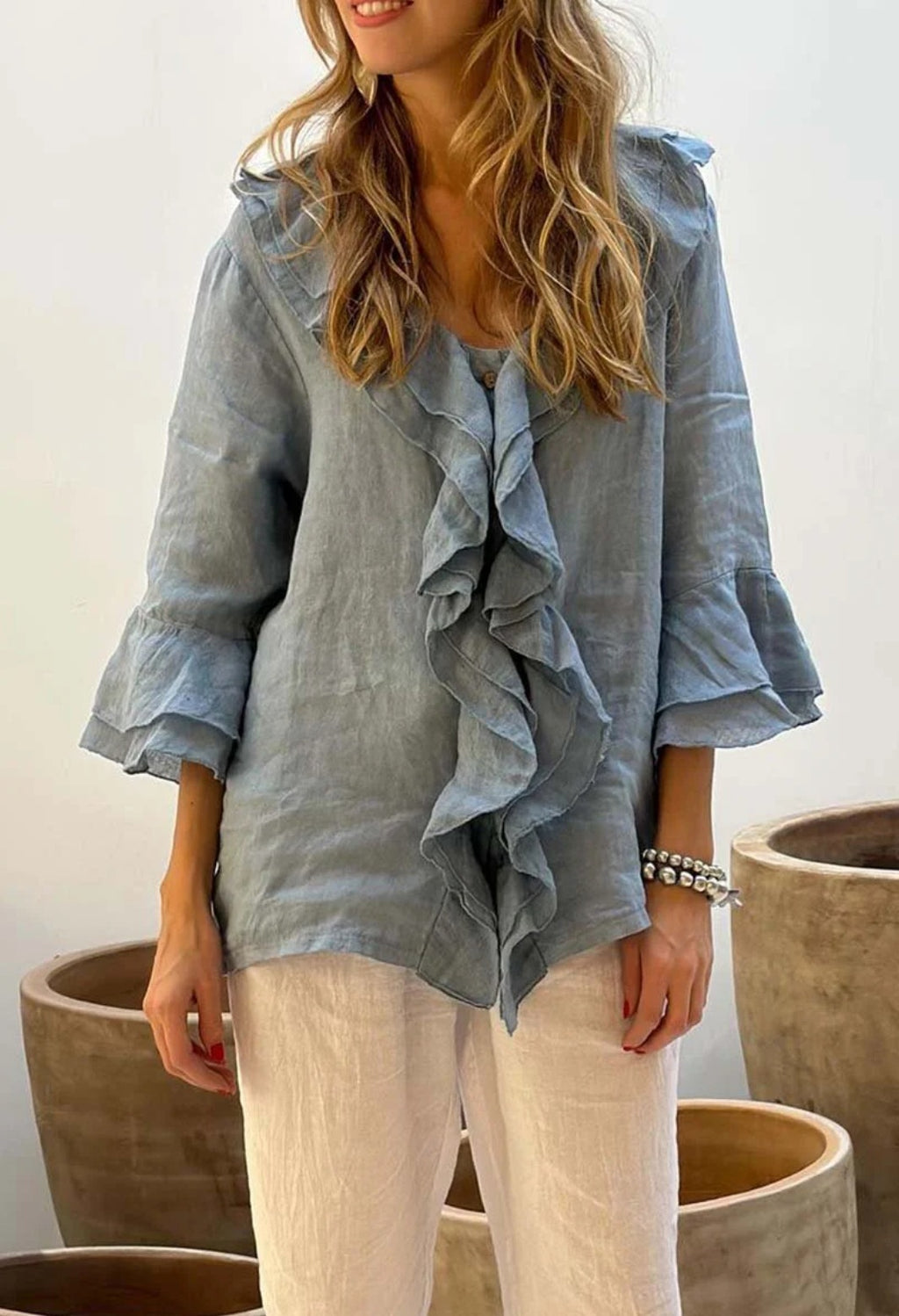 Cascading Ruffle Bell Sleeve Blouse - Blue