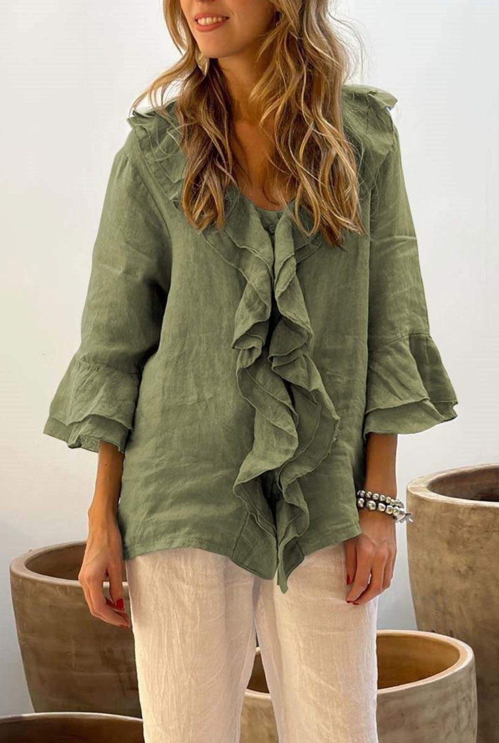 Cascading Ruffle Bell Sleeve Blouse - Green