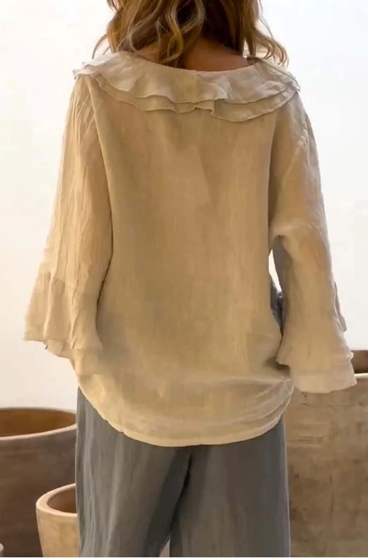 Cascading Ruffle Bell Sleeve Blouse - Khaki - 1