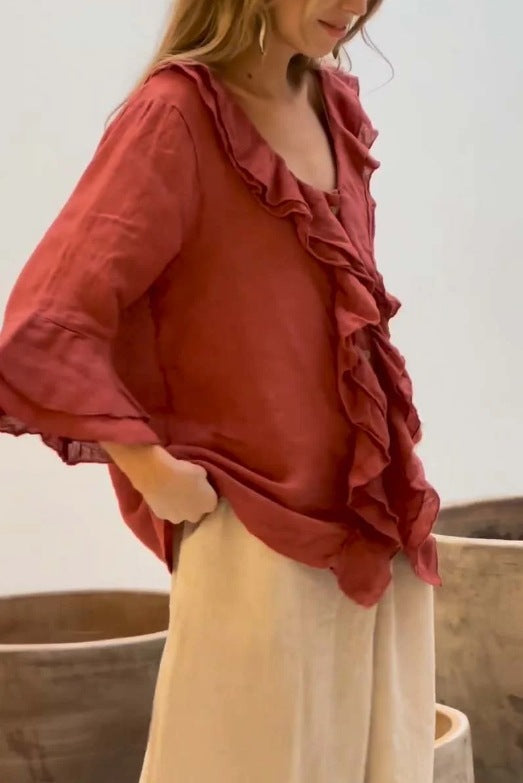 Cascading Ruffle Bell Sleeve Blouse - Red