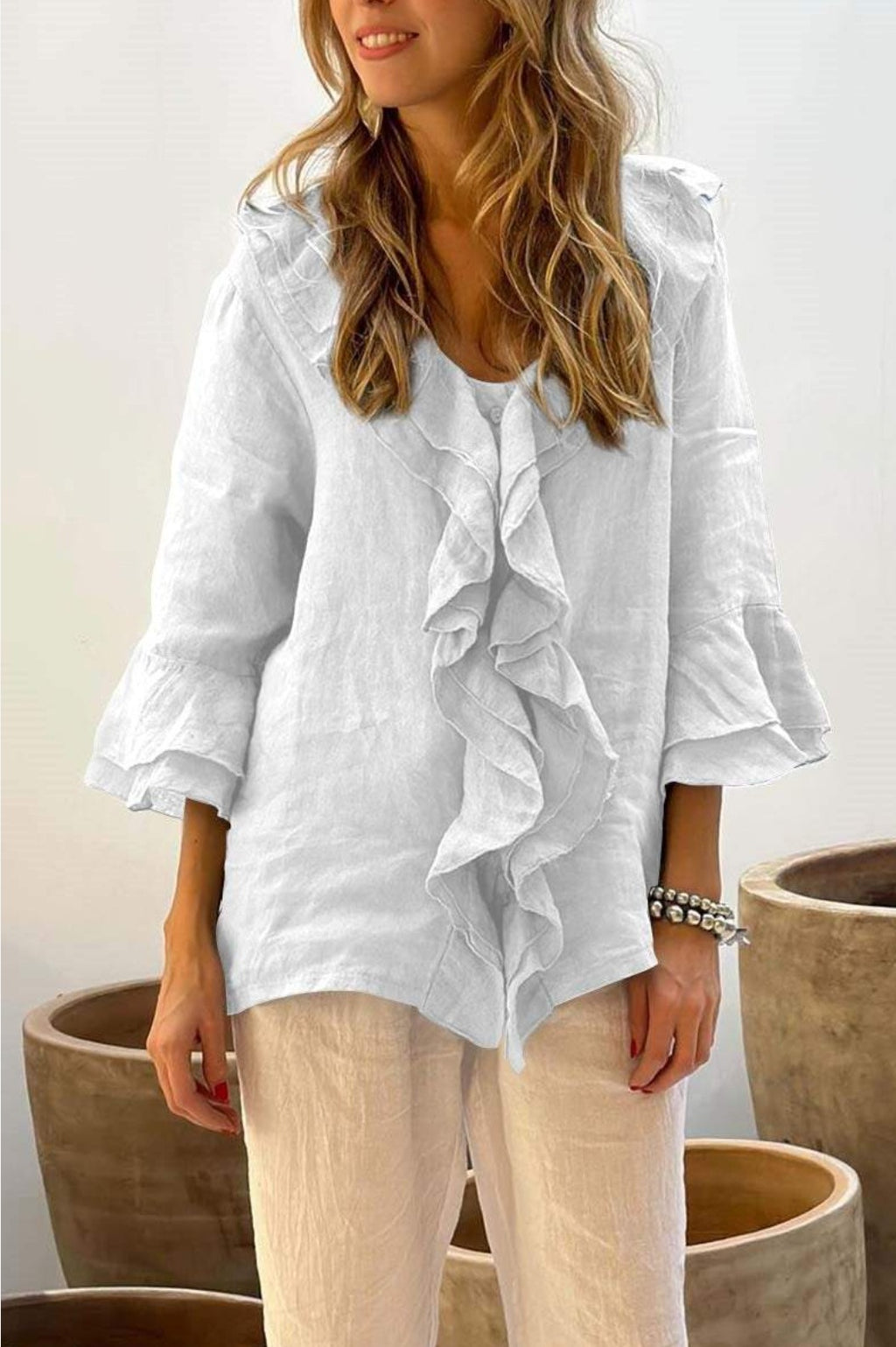 Cascading Ruffle Bell Sleeve Blouse - White