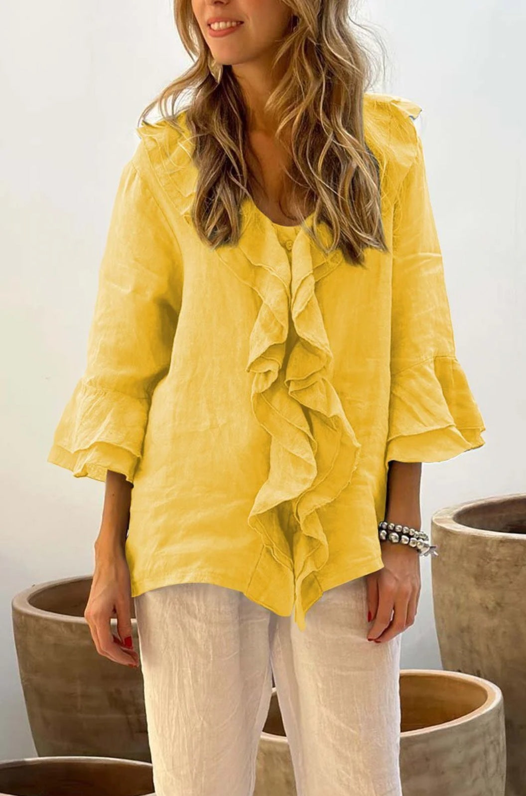 Cascading Ruffle Bell Sleeve Blouse - Yellow