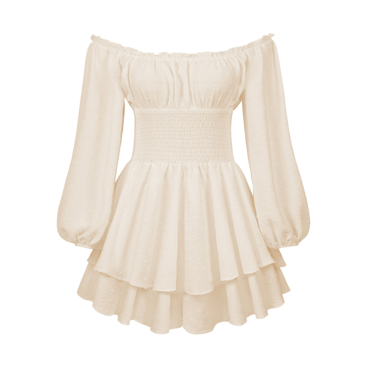 Off Shoulder Puff Sleeve Tiered Mini Dress - Apricot