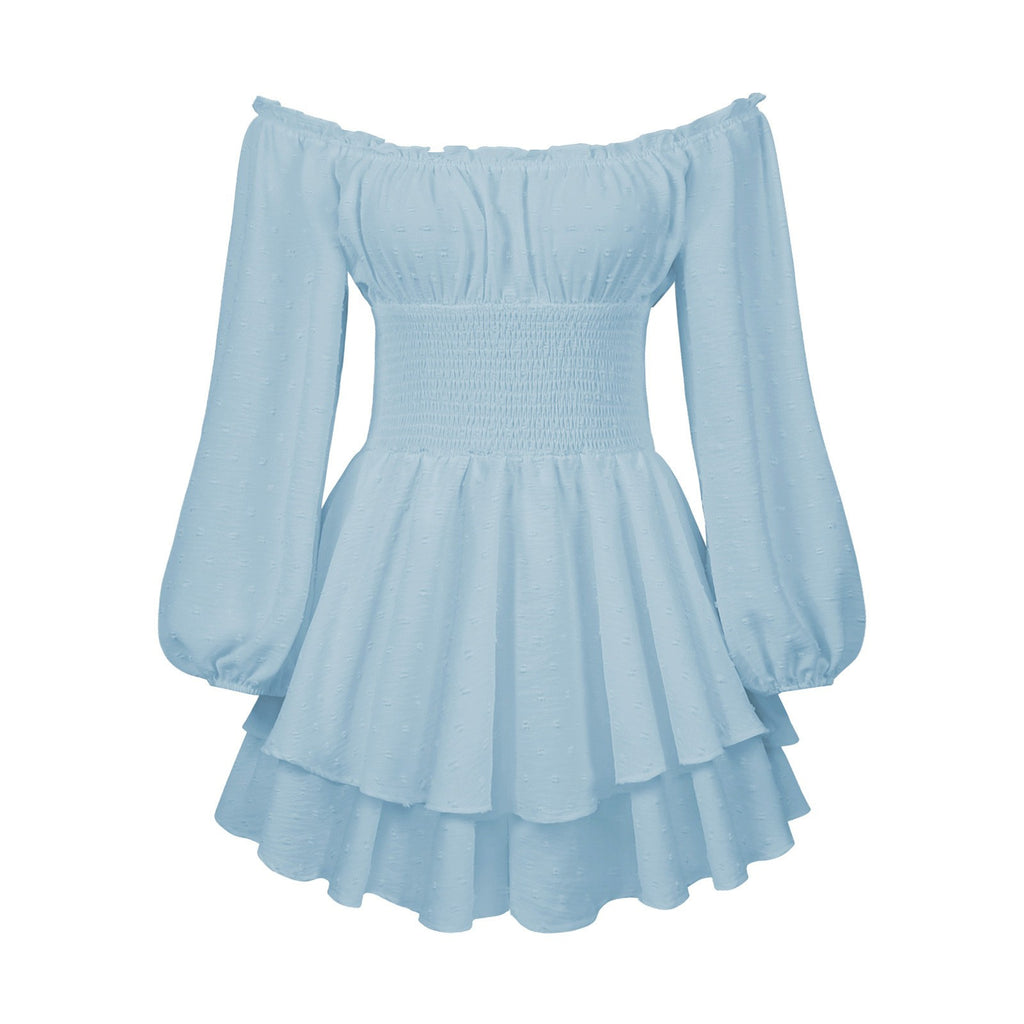 Off Shoulder Puff Sleeve Tiered Mini Dress - LightBlue