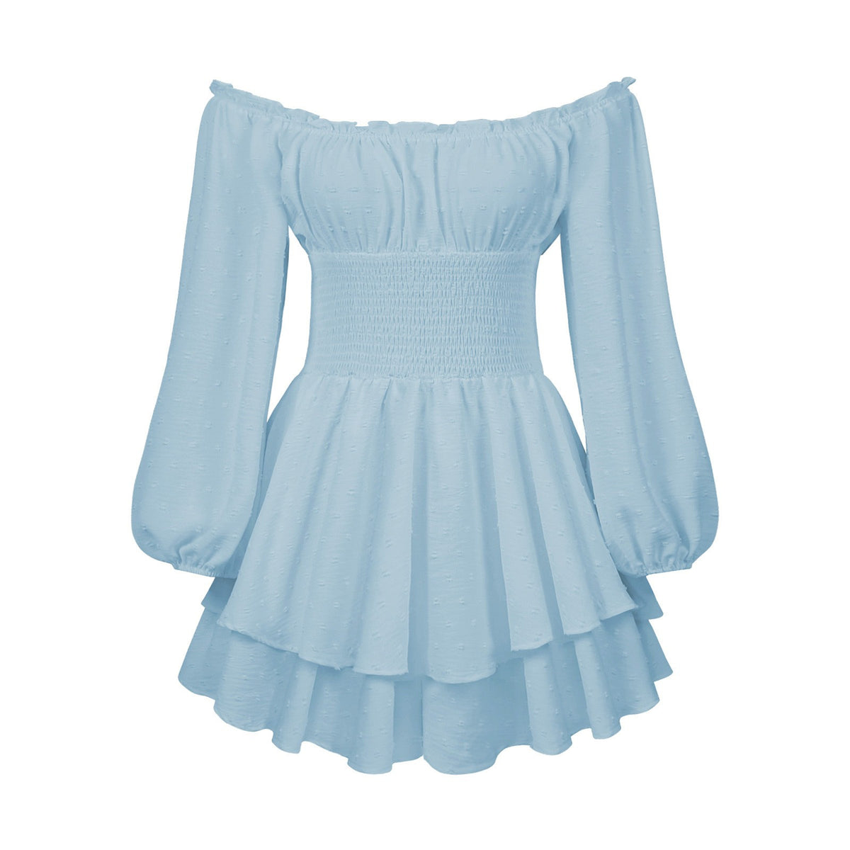 Off Shoulder Puff Sleeve Tiered Mini Dress - LightBlue