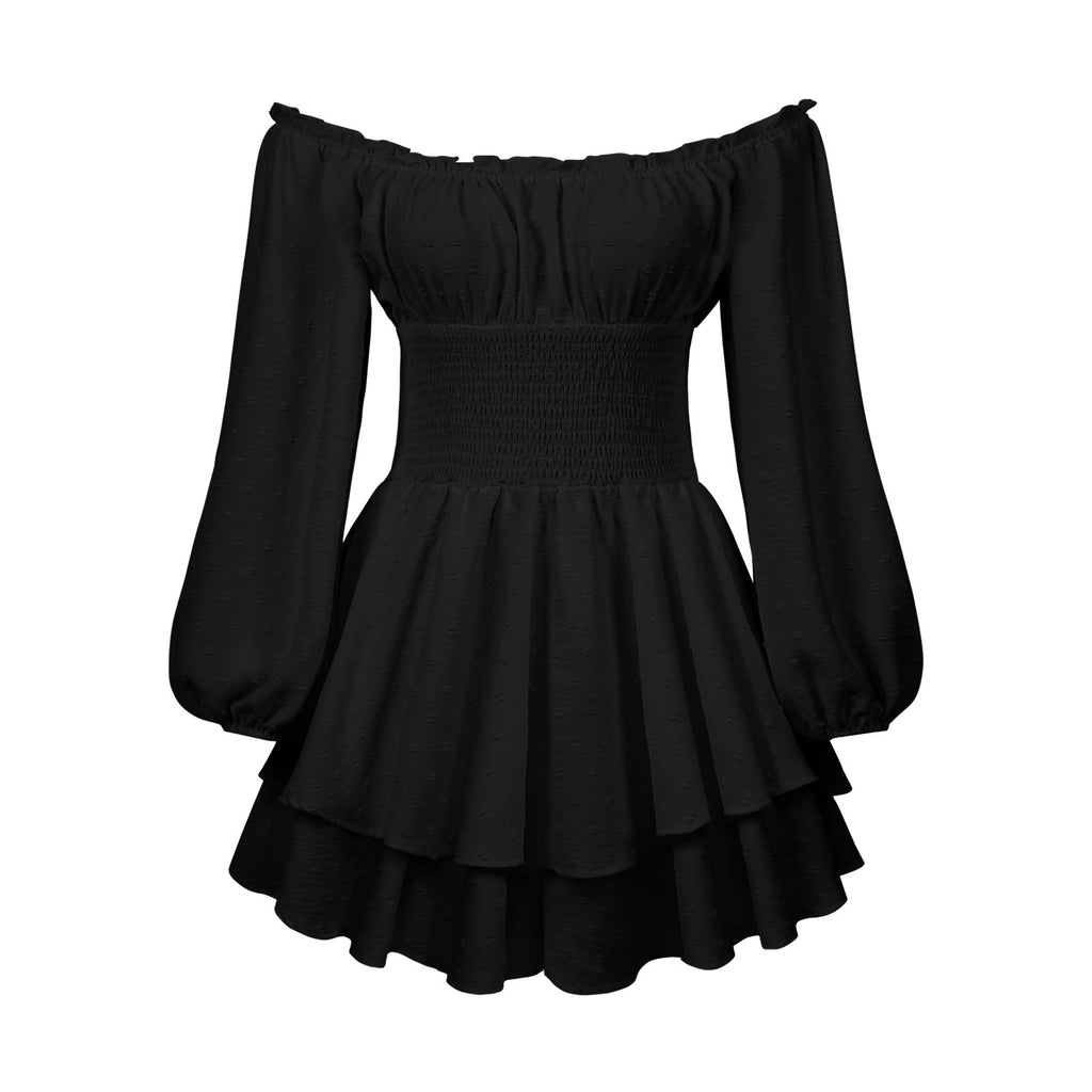 Off Shoulder Puff Sleeve Tiered Mini Dress - black