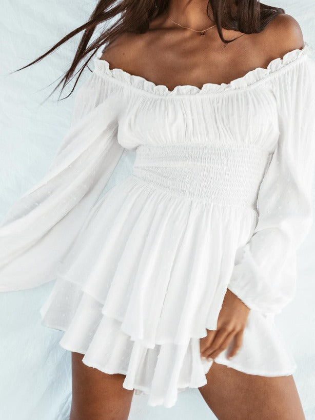 Off Shoulder Puff Sleeve Tiered Mini Dress