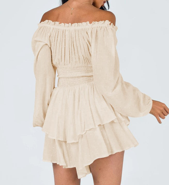 Off Shoulder Puff Sleeve Tiered Mini Dress - view 1