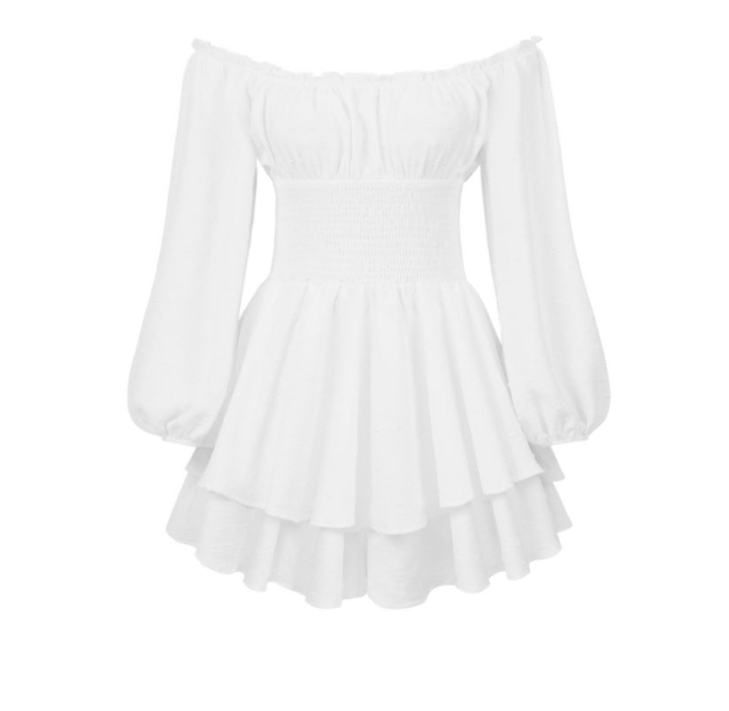 Off Shoulder Puff Sleeve Tiered Mini Dress - white