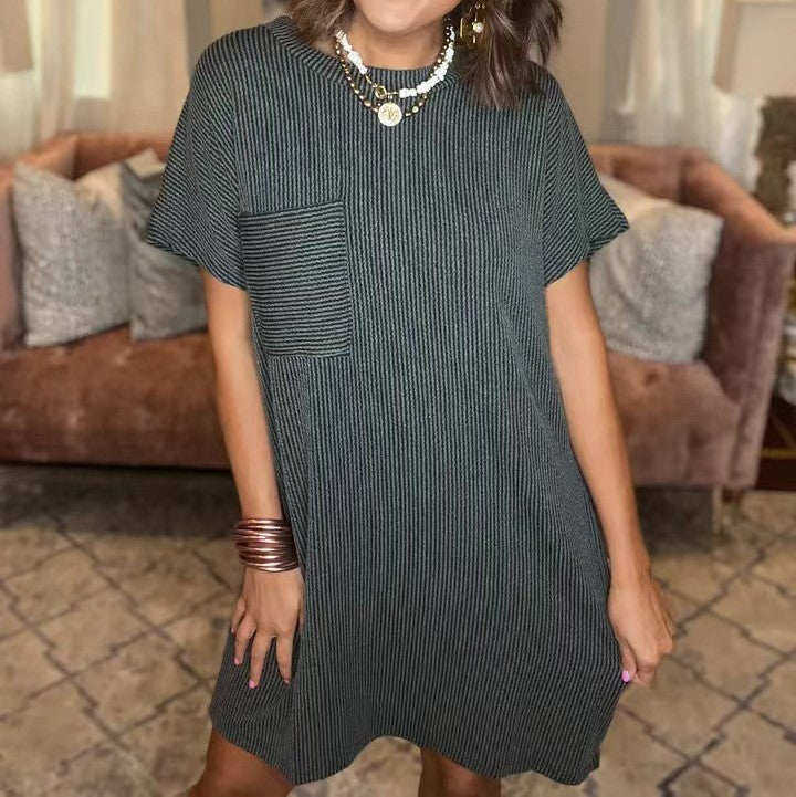 Ribbed Knit Pocket T Shirt Dress - Darkgrey