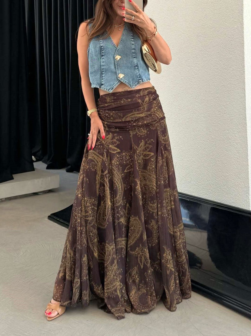 Paisley Print Chiffon Flowy Maxi Skirt - Coffee