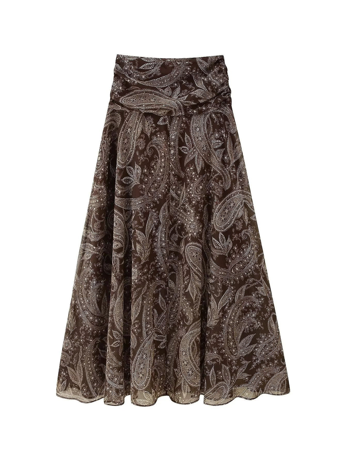 Paisley Print Chiffon Flowy Maxi Skirt - Coffee - 2