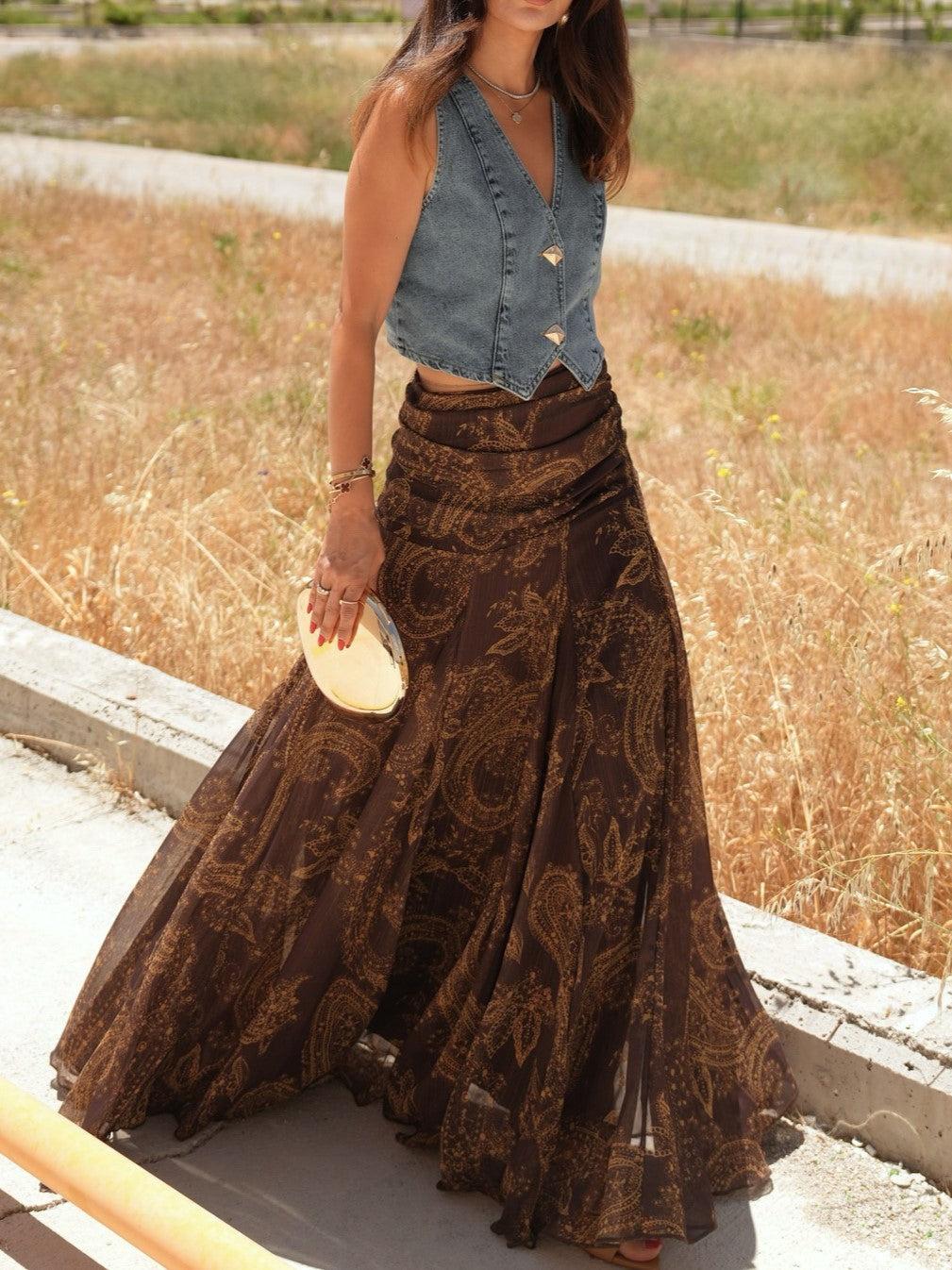 Paisley Print Chiffon Flowy Maxi Skirt - Coffee - 9