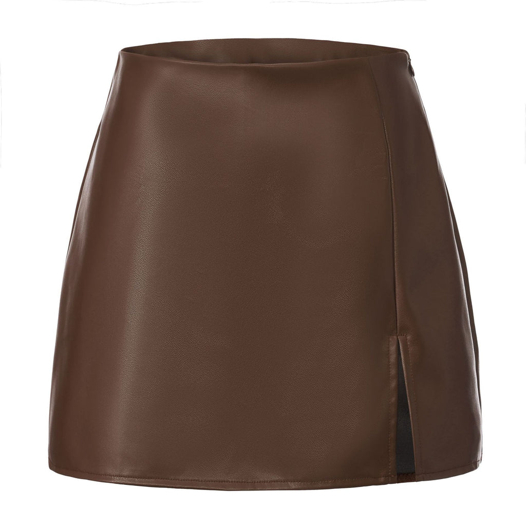 Faux Leather Front Slit A Line Mini Skort - Brown