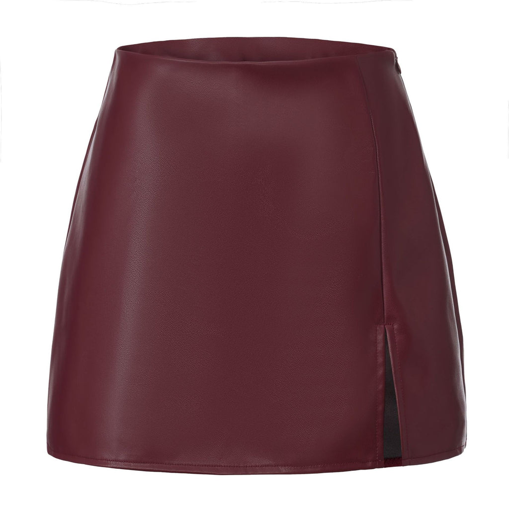 Faux Leather Front Slit A Line Mini Skort - Burgundy