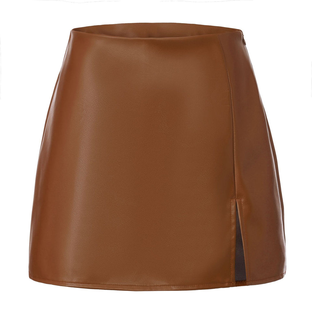 Faux Leather Front Slit A Line Mini Skort