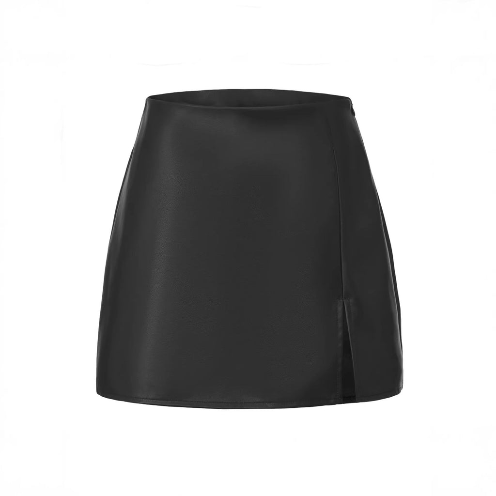 Faux Leather Front Slit A Line Mini Skort