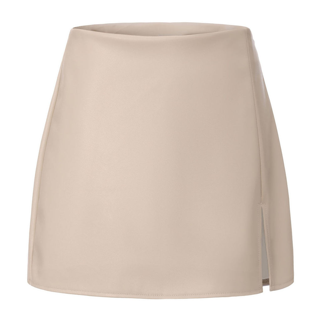 Faux Leather Front Slit A Line Mini Skort