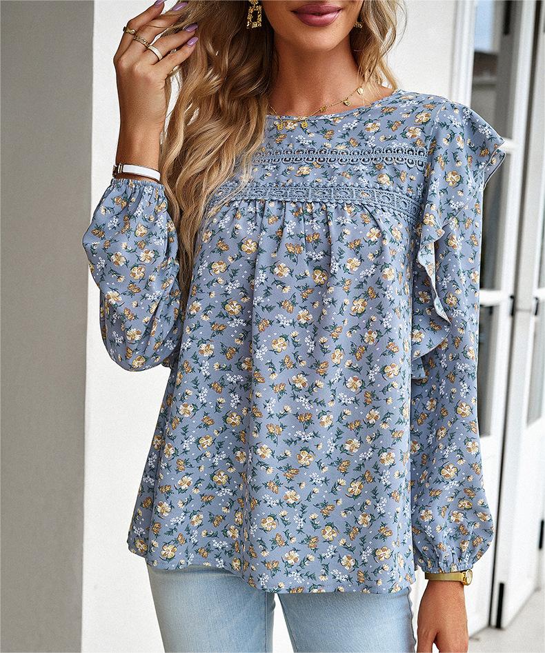 Ditsy Floral Ruffle Yoke Balloon Sleeve Blouse - Grey