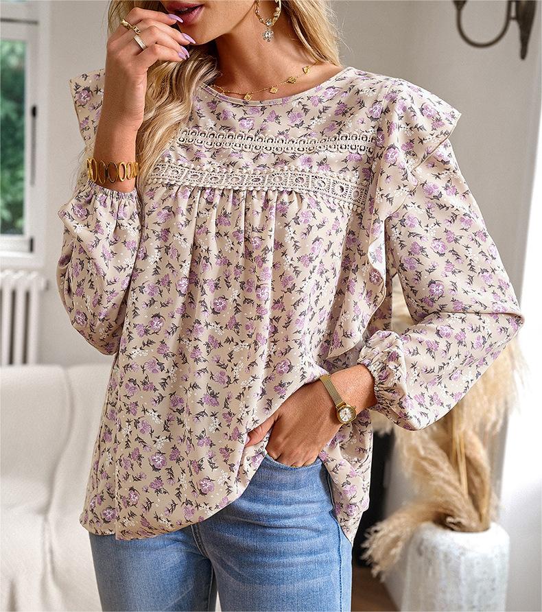 Ditsy Floral Ruffle Yoke Balloon Sleeve Blouse - Khaki