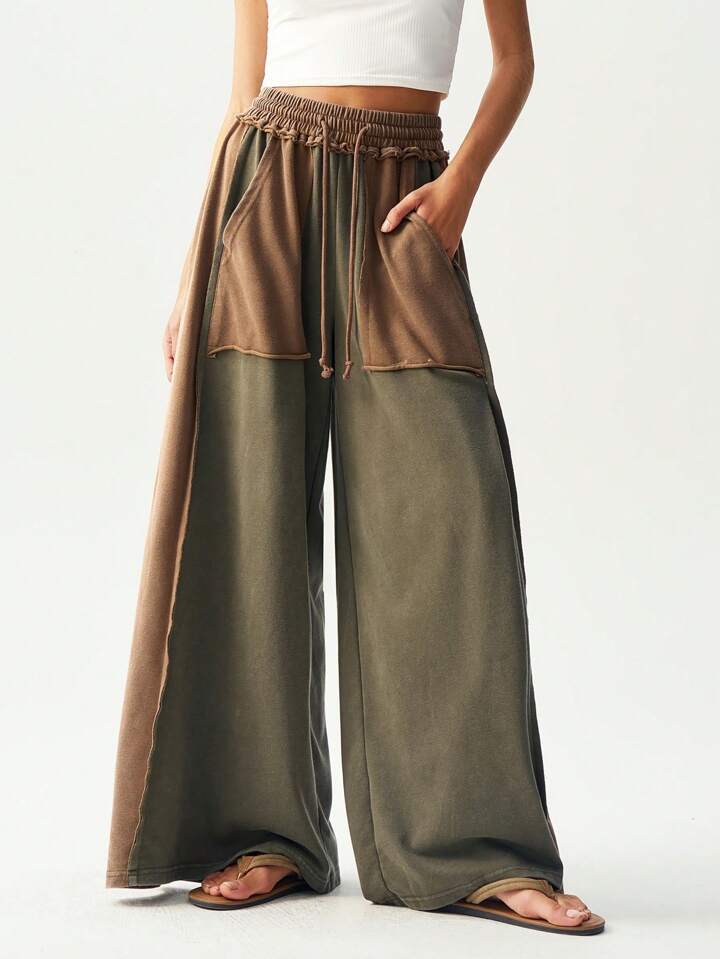 Colorblock Panel Wide Leg Lounge Sweatpants - ArmyGreen