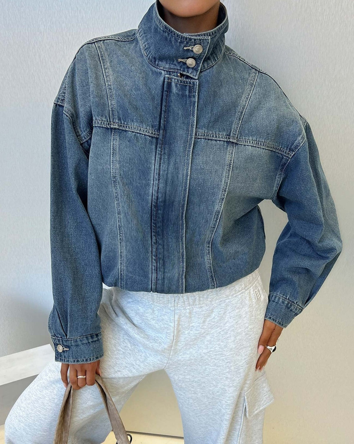 Cropped Denim Jacket With Funnel Collar - Blue