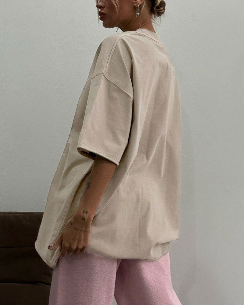 Washed Oversized Drop Shoulder T-Shirt - Apricot - 1