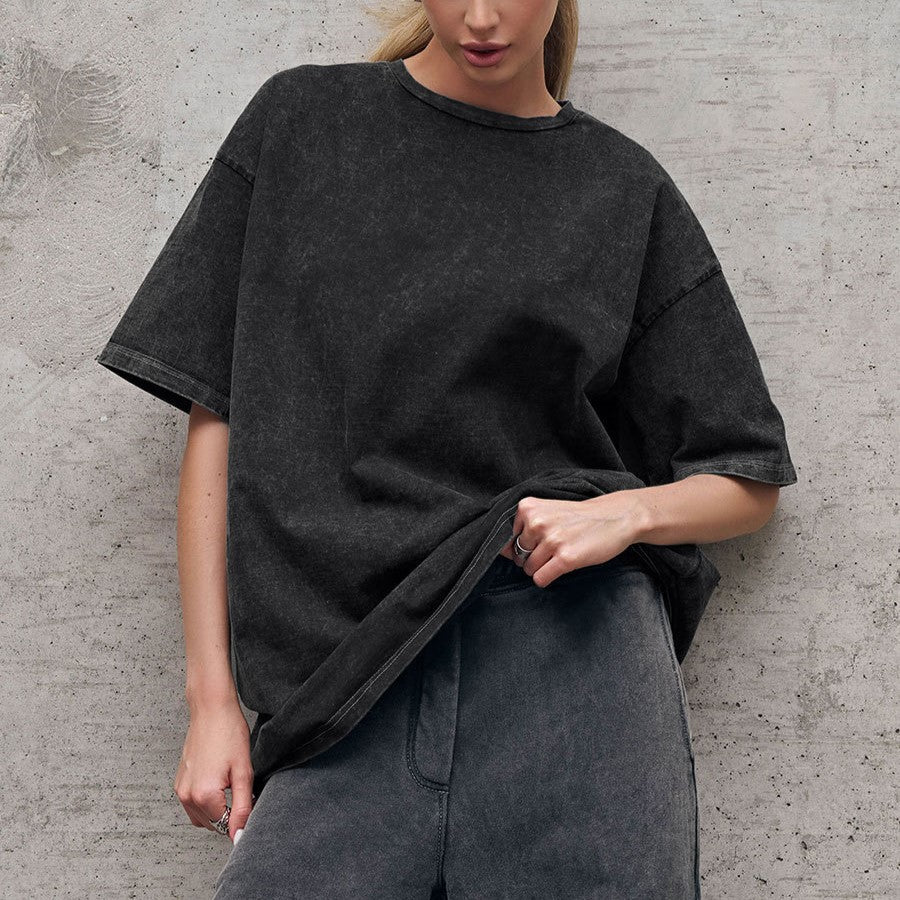 Washed Oversized Drop Shoulder T-Shirt - Black - 1