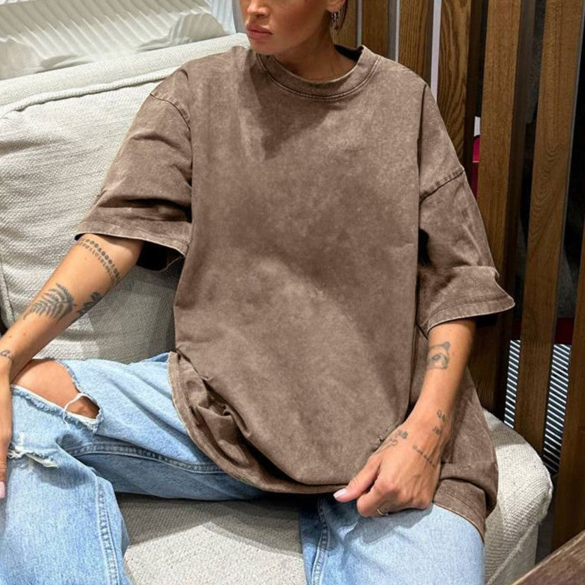 Washed Oversized Drop Shoulder T-Shirt - Coffee