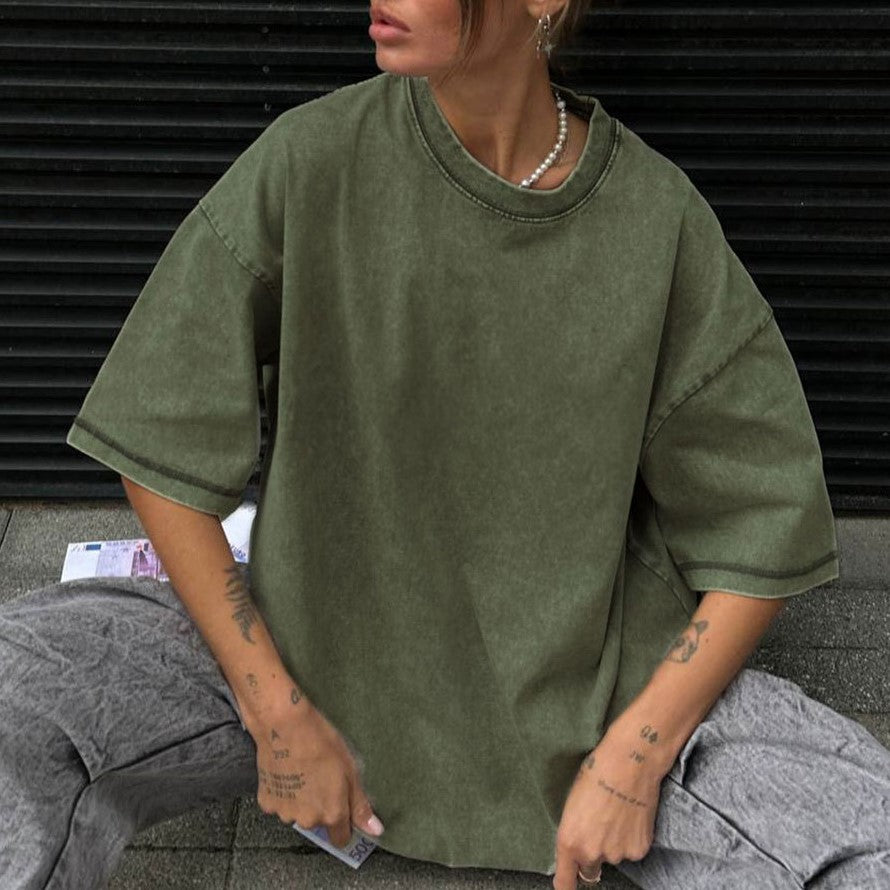 Washed Oversized Drop Shoulder T-Shirt - DarkGreen