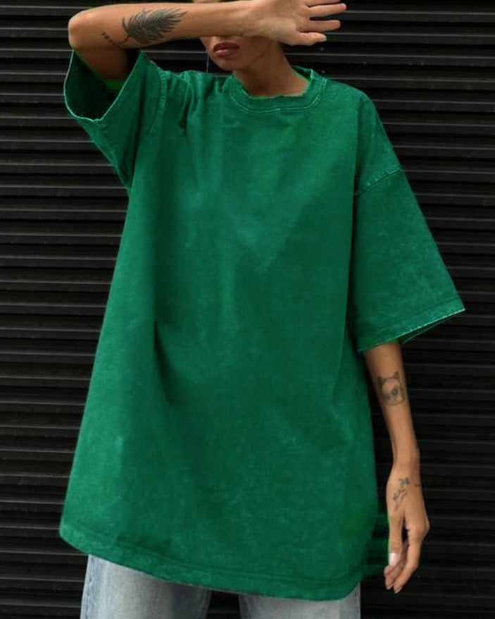 Washed Oversized Drop Shoulder T-Shirt - Green - 1