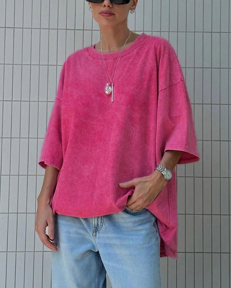 Washed Oversized Drop Shoulder T-Shirt - Rose Red