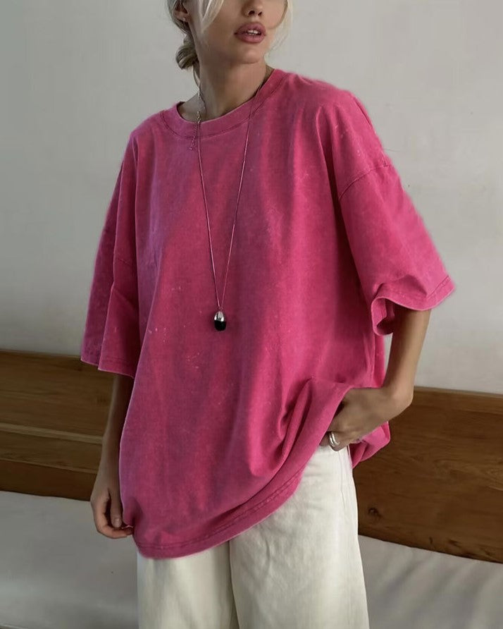 Washed Oversized Drop Shoulder T-Shirt - Rose Red - 1