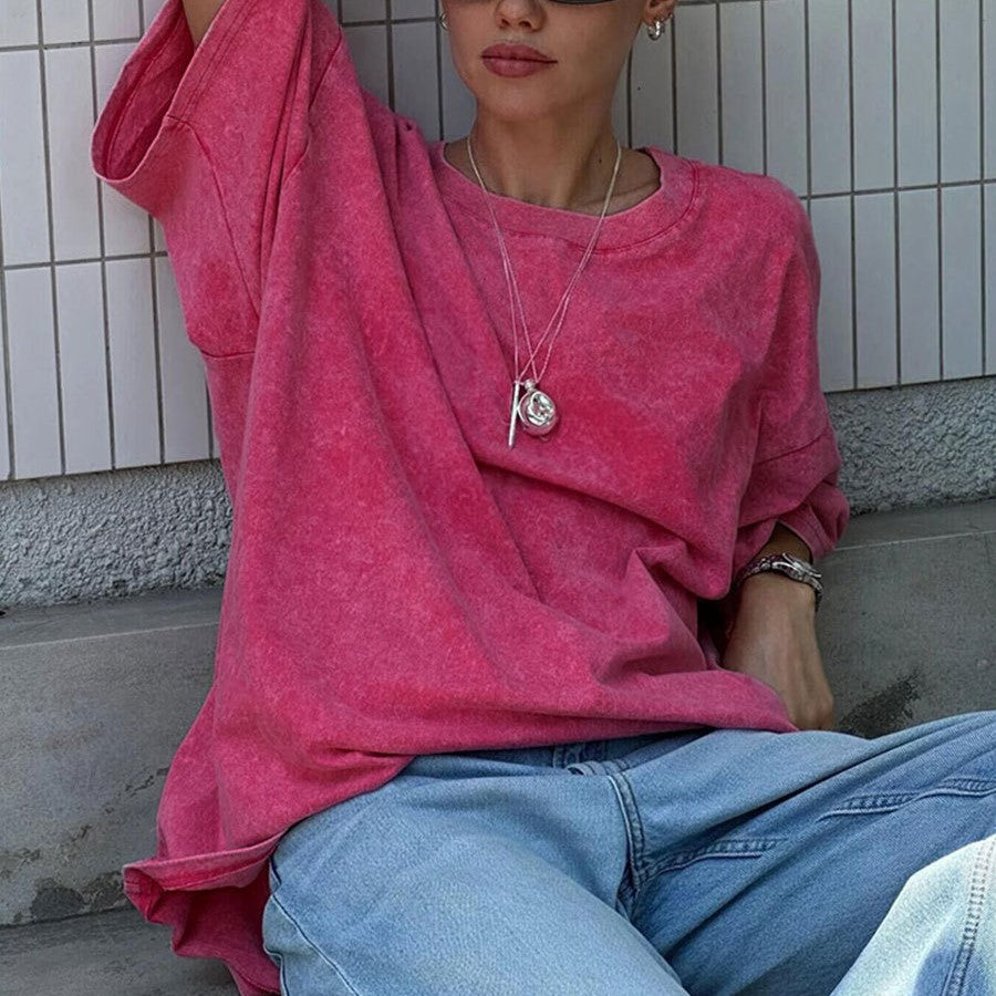 Washed Oversized Drop Shoulder T-Shirt - Rose Red - 2