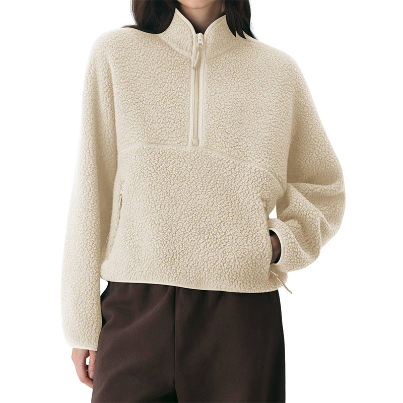 Teddy Fleece Half Zip Pullover Jacket - Beige